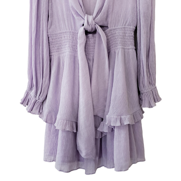 Saints + Secrets Long Sleeve Deep V Tie Front Ruffle Mini Dress, Violet, L - Picture 4 of 12